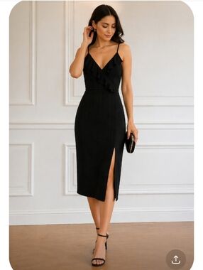 BCBG Generation Black Midi Dress Ruffle Strap Slit Size S